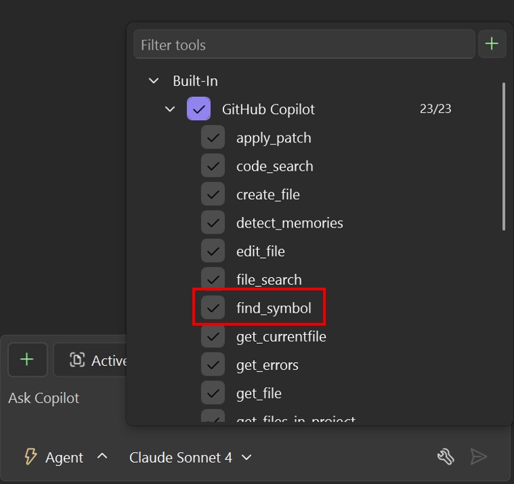 Screenshot che mostra lo strumento di find_symbol selezionato nel riquadro Copilot Chat.