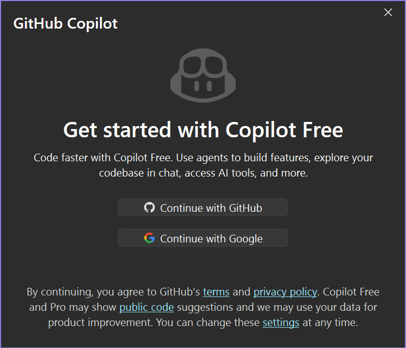 Screenshot della finestra di dialogo Introduzione a Copilot Free in Visual Studio.