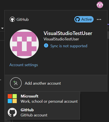 Screenshot dell'uso dell'opzione Aggiungi un altro account per aggiungere un account GitHub dalla gestione del profilo.