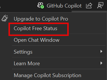 screenshot dell'opzione di menu Stato gratuito di Copilot.