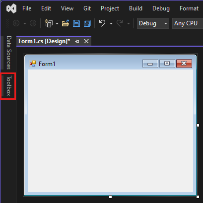 Screenshot che mostra come selezionare la Toolbox per aprire la finestra degli strumenti.