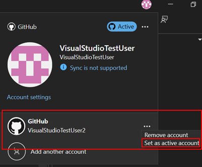 Screenshot che mostra l'impostazione di un account GitHub attivo diverso usando la scheda del profilo.