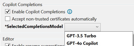 Screenshot che mostra il selettore del modello di completamento.