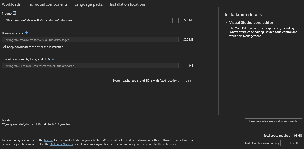 Screenshot che mostra la scheda Percorsi di installazione del programma di installazione di Visual Studio.