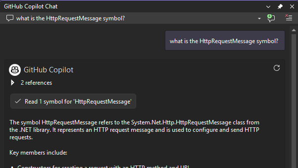 Screenshot di Copilot Chat che dimostra la comprensione dei simboli esterni dalle dipendenze del progetto, con suggerimenti di codice