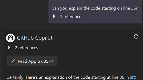 Screenshot che mostra una migliore accuratezza del numero di riga quando si fa riferimento a sezioni di codice specifiche in Copilot Chat