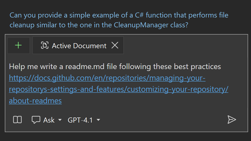 Screenshot di Copilot Chat che mostra una richiesta di assistenza per la scrittura di un file di readme.md con un URL GitHub incollato per riferimento