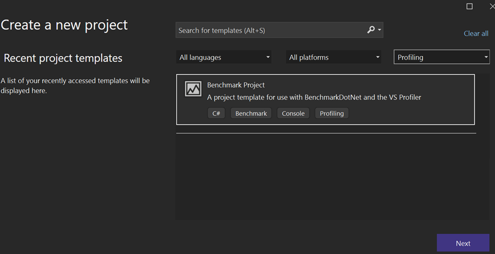 Screenshot della finestra di dialogo Nuovo Progetto che mostra il modello di progetto BenchmarkDotNet selezionato nella categoria Profilazione