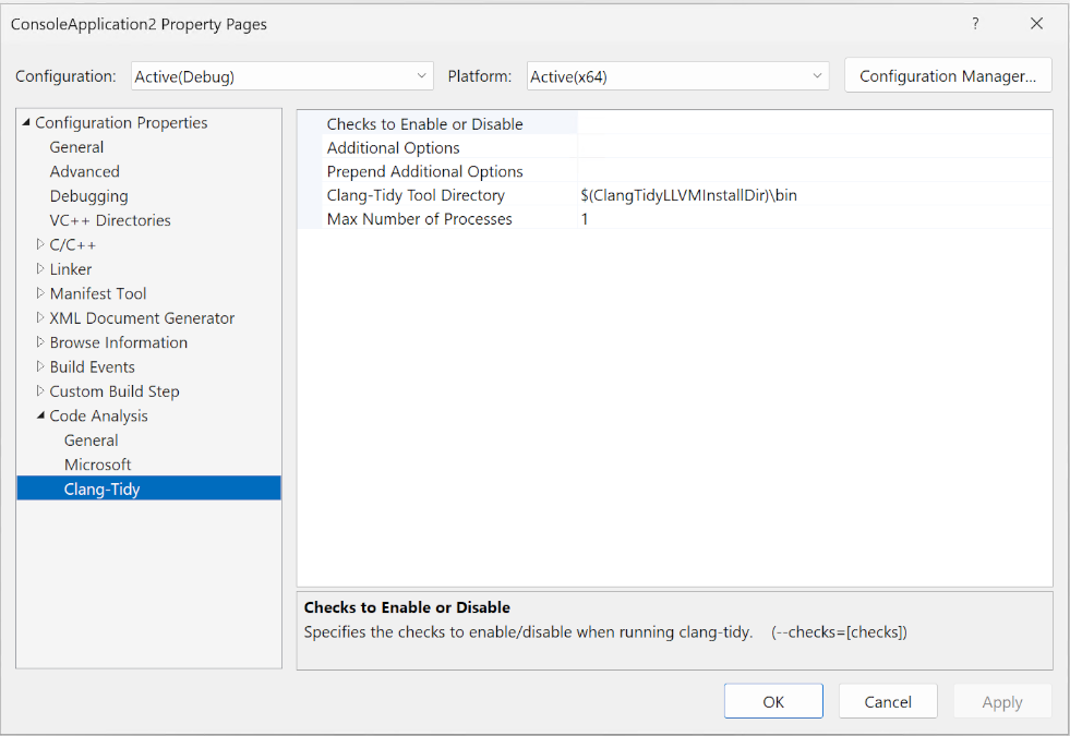 Screenshot della finestra di dialogo Proprietà di Project che mostra le opzioni di configurazione clang-tidy, tra cui l'allocazione del processore e gli argomenti della riga di comando personalizzati