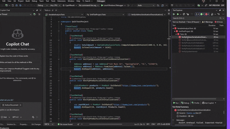 Video dimostrativo dell'agente del debugger che esegue automaticamente il debug e la correzione di uno unit test non riuscito tramite più iterazioni