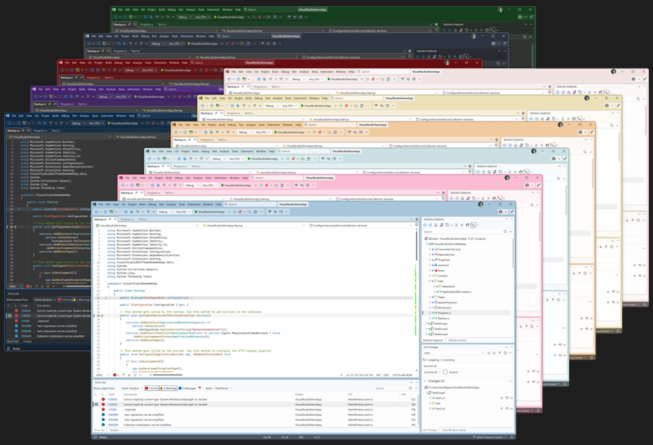 Screenshot che mostra i vari temi dei colori dell'interfaccia utente Fluent disponibili in Visual Studio con diverse opzioni di tinta