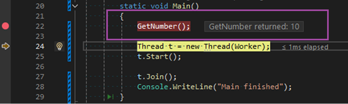 Screenshot che mostra i valori restituiti dopo l'esecuzione in linea visualizzati nel debugger vicino alle chiamate di funzione