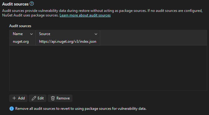 Controllare l'origine configurata con l'URL di nuget.org