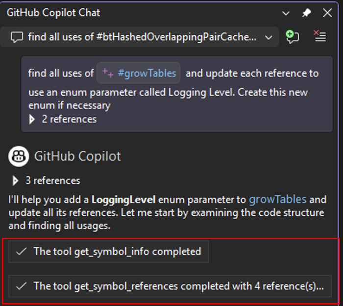 Copilot usando gli strumenti C++ per analizzare e modificare il codice in più file