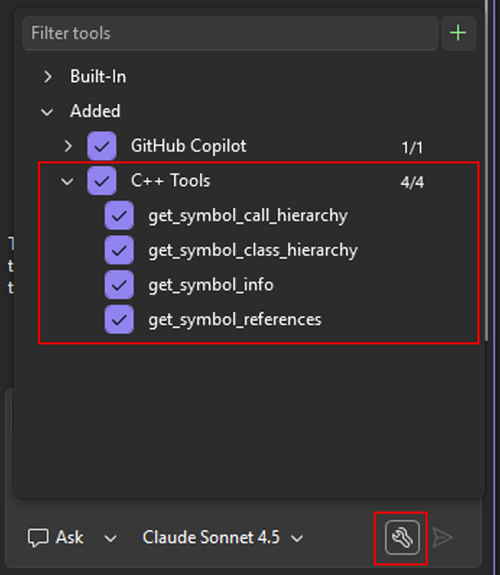 List degli strumenti C++ disponibili nelle impostazioni di Copilot Chat