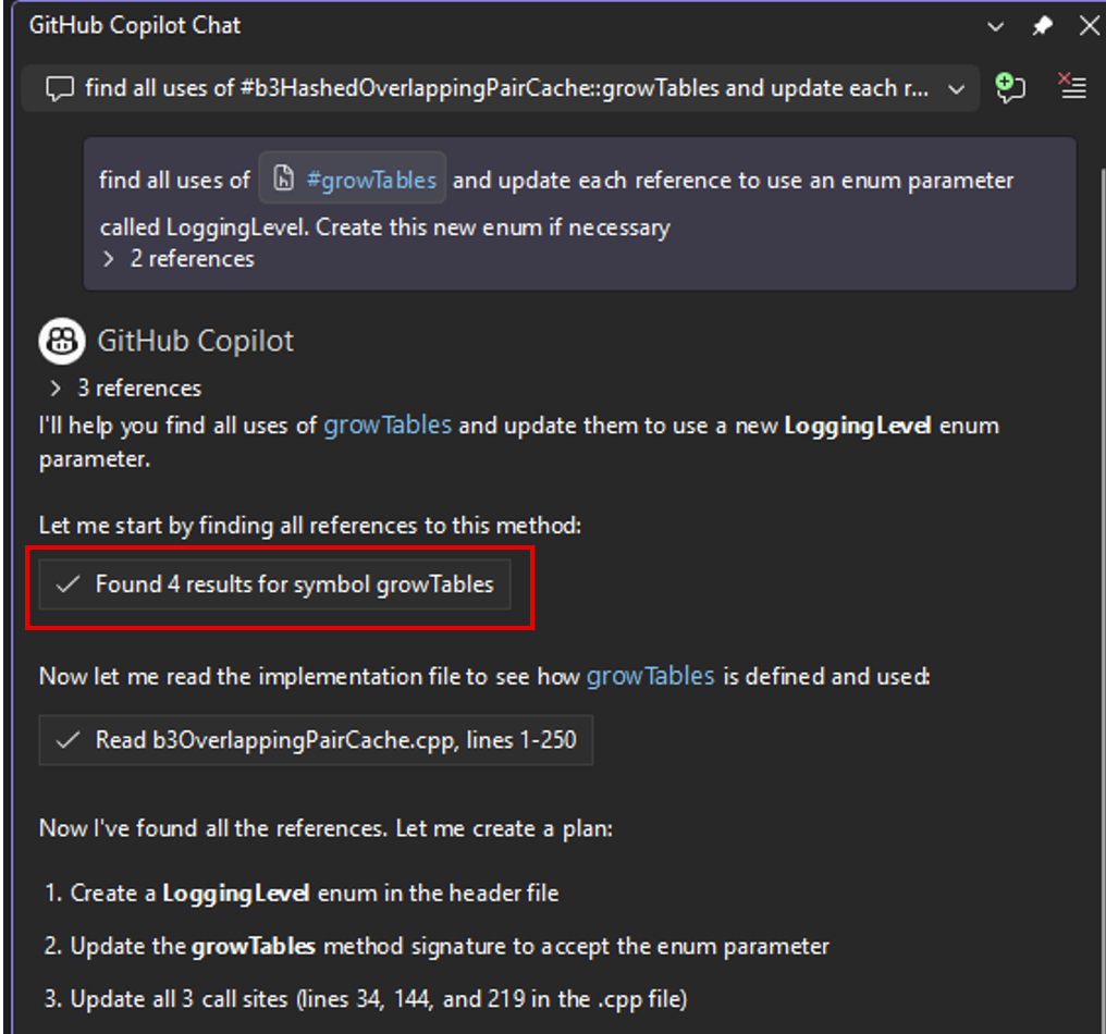 Copilot usando lo strumento find_symbol per analizzare e modificare il codice in più file