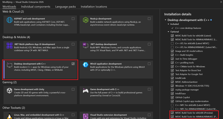 MSVC v14.51 nel carico di lavoro Sviluppo di applicazioni desktop con C++