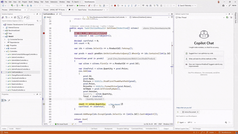 Video che illustra i suggerimenti sulle prestazioni in fase di debug con metriche di esecuzione inline e suggerimenti di ottimizzazione Copilot