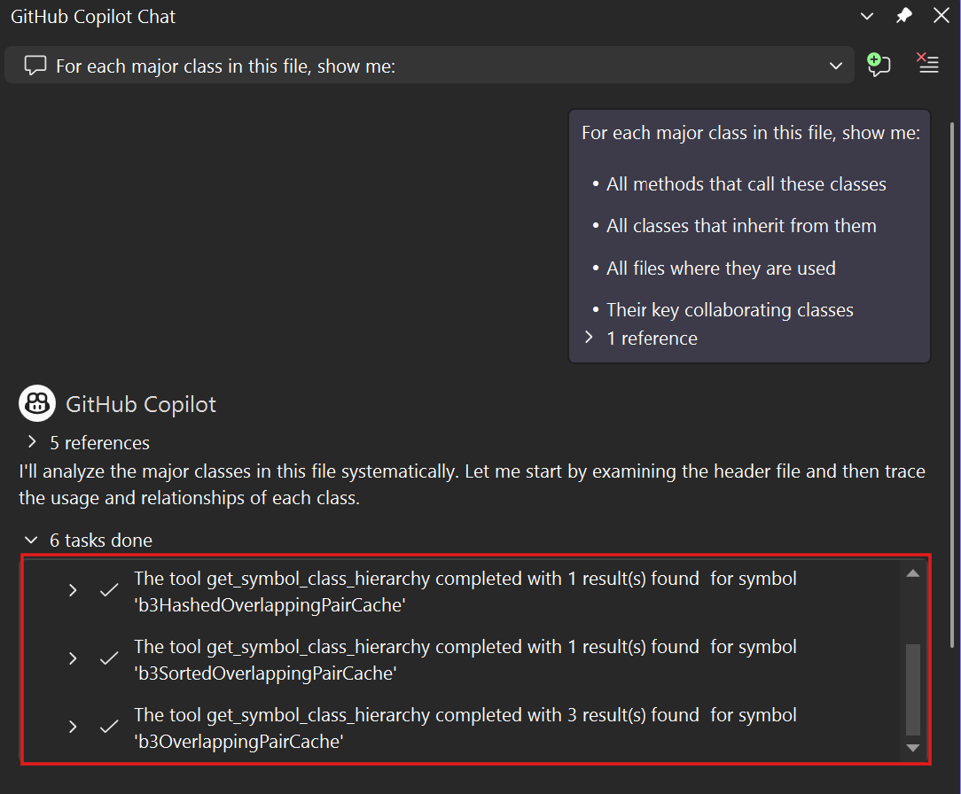 Copilot usando gli strumenti C++ per analizzare e modificare il codice in più file