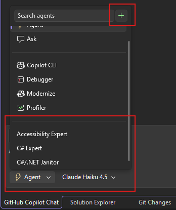 Selettore di agenti che mostra un agente esperto personalizzato di CSharp