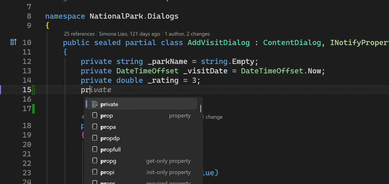 Elenco IntelliSense mostrato mentre il completamento di Copilot è disattivato