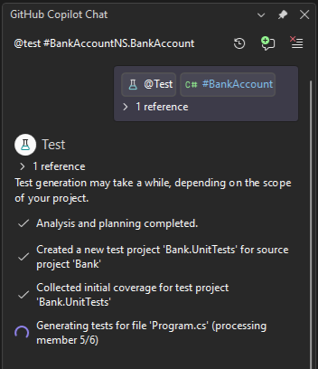 Screenshot di Copilot che avvia la generazione di test.