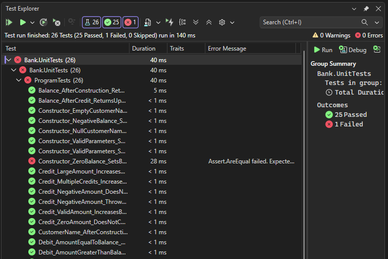 Screenshot dell'output di Test Explorer.