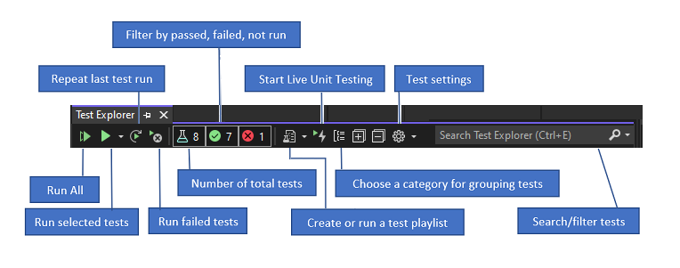 Esegui test dalla barra degli strumenti di Test Explorer