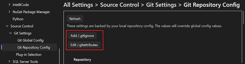 Screenshot che mostra la sezione Aggiungere il file gitignore e Modificare il file gitattributes nel repository.