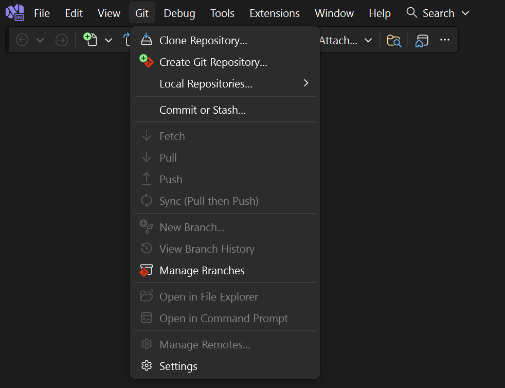 Screenshot che mostra l'opzione Clone Repository completa dal menu Git in Visual Studio.
