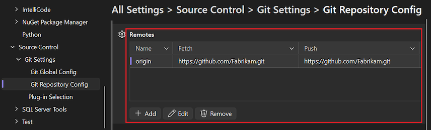 Screenshot che mostra la sezione Git Remotes per il repository locale.