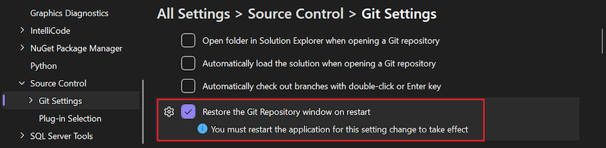 Screenshot dell'opzione 'Ripristina il repository Git al riavvio' nel riquadro Opzioni.