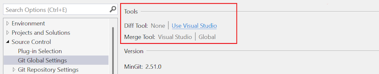 Screenshot che mostra le opzioni 'Diff Tool' e 'Merge Tool' con il collegamento Usa Visual Studio evidenziato.