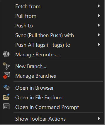 Il menu di scelta rapida visualizzato dopo aver selezionato il controllo con i puntini di sospensione nella finestra Modifiche Git in Visual Studio 2022.