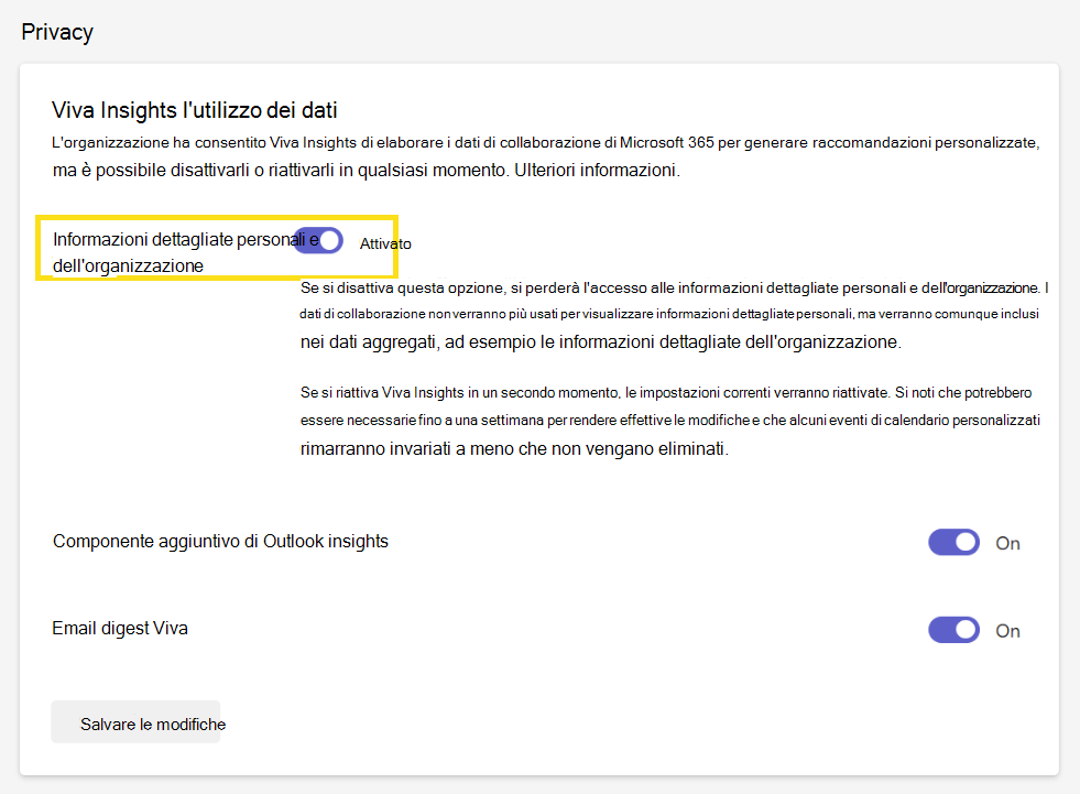 Screenshot che mostra le impostazioni di privacy Viva Insights.