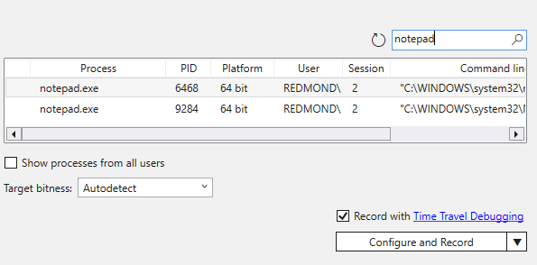 Screenshot del menu di registrazione del processo in WinDbg con un processo Blocco Note selezionato per la registrazione.