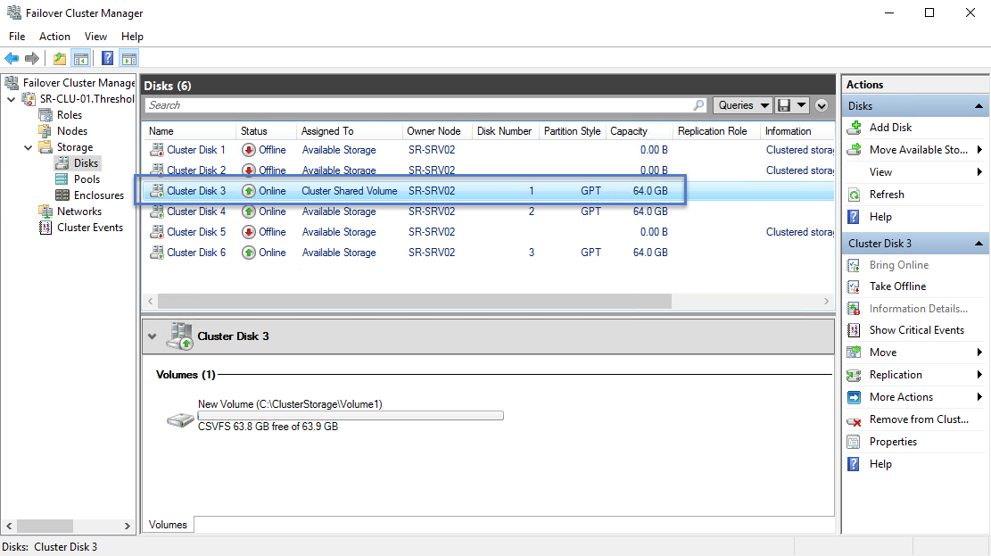 Schermata della Gestione cluster di failover