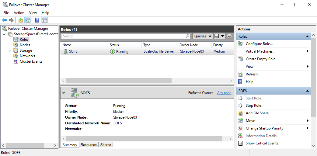 Screenshot di Gestione del cluster di failover che mostra il File Server di Scalabilità Orizzontale