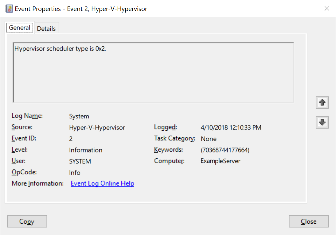 Screenshot della finestra delle proprietà del Visore eventi per un evento Hyper-V-Hypervisor con ID 2. Il testo nella scheda Generale indica un tipo di scheduler di 0x2.