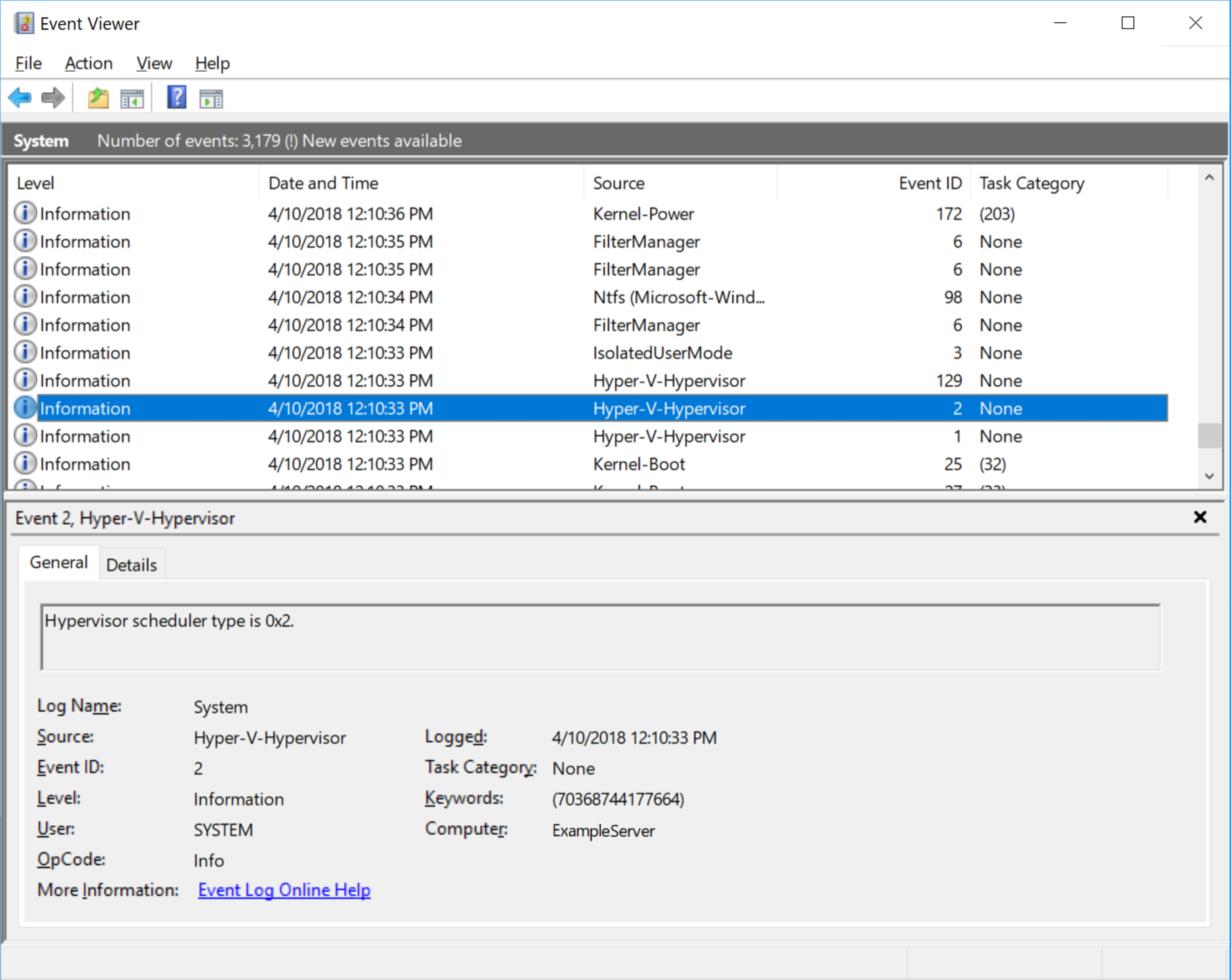 Screenshot degli eventi nel Visualizzatore eventi. È selezionato un evento di avvio Hyper-V-Hypervisor con ID 2. Un riquadro inferiore mostra i dettagli dell'evento.