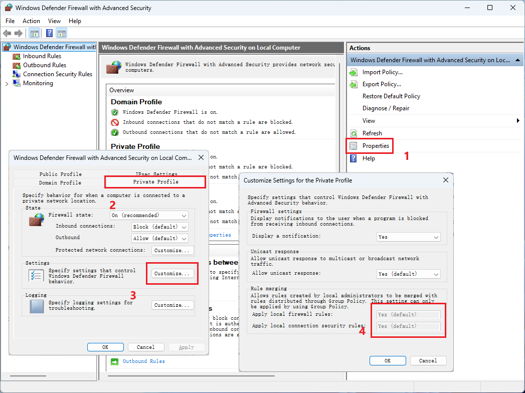 schermata delle impostazioni di Windows Firewall