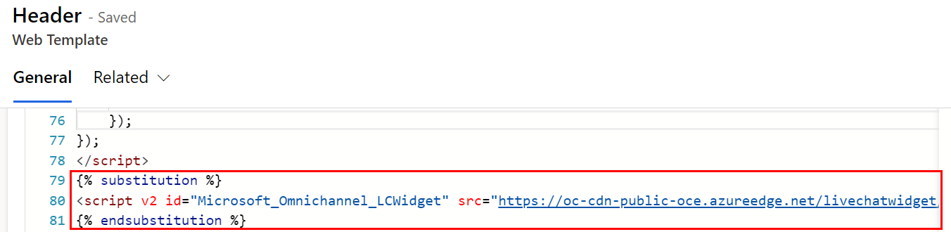 Screenshot of the substitution liquid tag content displayed in the Header web template inside the Portal Management app.