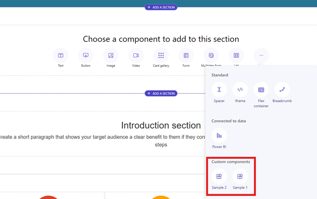 Screenshot of adding a custom component to a section.