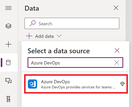 Screenshot of connecting to Azure DevOps in the data source selection pane.