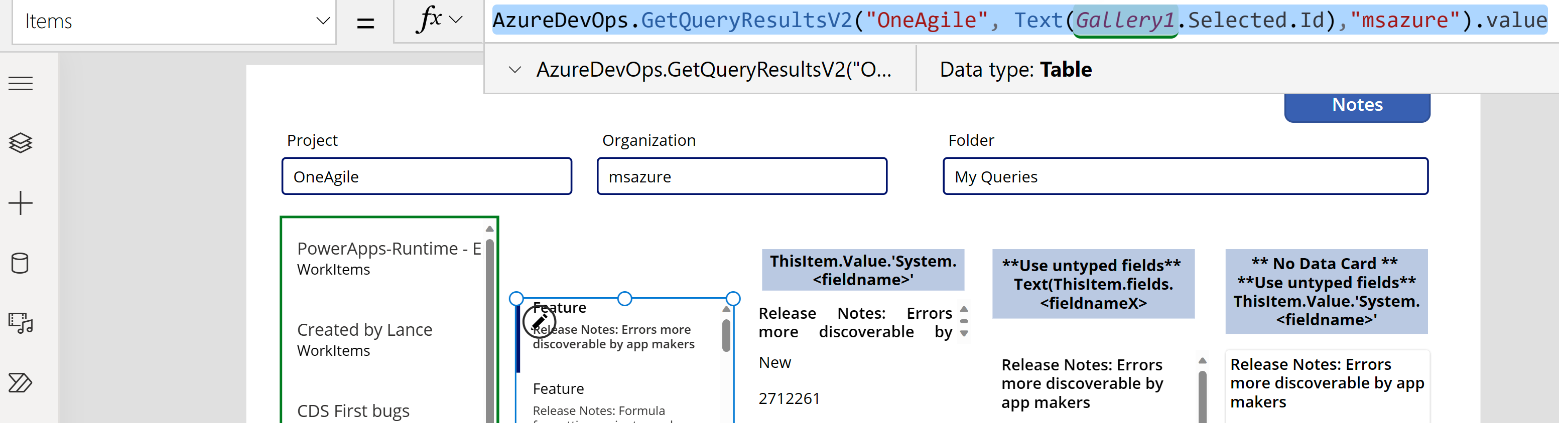 Screenshot of get query results from existing gallery based on the query selected.