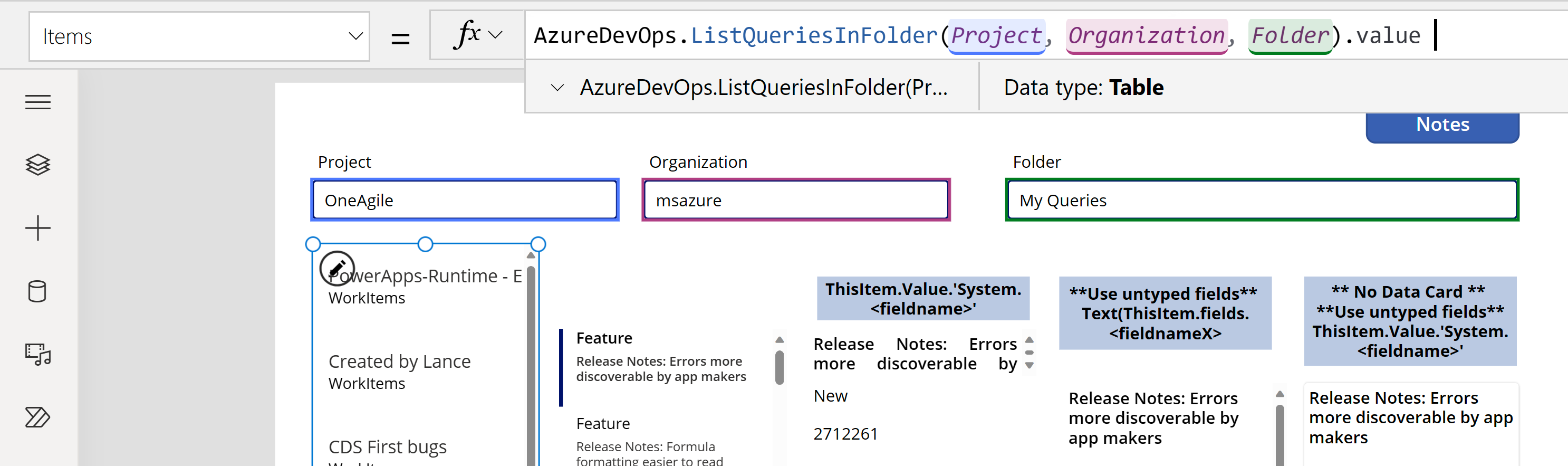 Screenshot of list queries in folder using formula added to Items property of the vertical gallery.