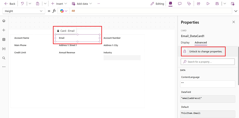 Screenshot of the Advanced tab showing a locked data card in Power Apps.