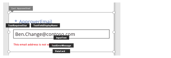 Screenshot of labeled controls inside a data card in Power Apps.