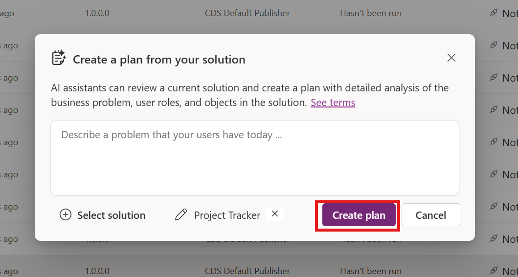Screenshot of the interface for selecting a solution and creating a plan.