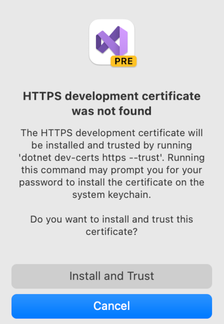 Сертификат разработки HTTPS не найден. Хотите установить сертификат и доверять ему?